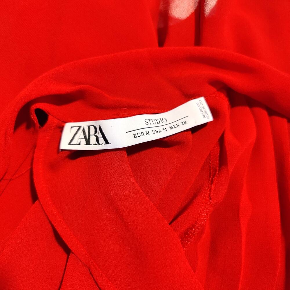 Zara Studio Sheer Tie Back Mock Neck Blouse Blood Red Asymmetrical Hem M - Picture 7 of 7